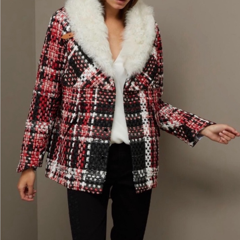 Rag & Bone Antoine Weave lamb shearling trimmed tweed coat.